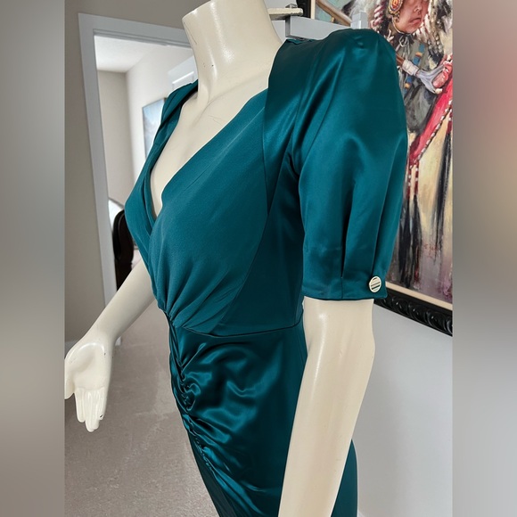 Elisabetta Franchi “Pavone” Teal Silk Midi Dress with Ruched Detail – (Small) - Picture 6 of 12